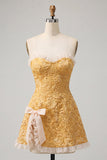 Yellow Floral Ruffled Jacquard Short Cocktail Dress with Slit