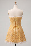Yellow Floral Ruffled Jacquard Short Cocktail Dress with Slit