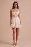 Light Yellow Floral Corset Ruffled Short Cocktail Dress