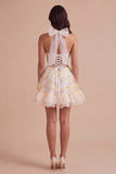 Light Yellow Floral Corset Ruffled Short Cocktail Dress