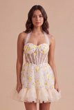Light Yellow Floral Corset Ruffled Short Cocktail Dress