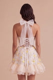 Light Yellow Floral Corset Ruffled Short Cocktail Dress