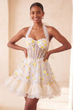 Light Yellow Floral Corset Ruffled Short Cocktail Dress