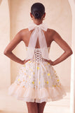 Light Yellow Floral Corset Ruffled Short Cocktail Dress