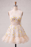 Light Yellow Floral Corset Ruffled Short Cocktail Dress