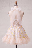 Light Yellow Floral Corset Ruffled Short Cocktail Dress