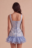 Blue Corset Ruffled Bodycon Floral Short Cocktail Dress