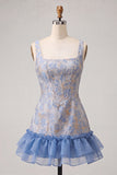 Blue Corset Ruffled Bodycon Floral Short Cocktail Dress