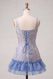 Blue Corset Ruffled Bodycon Floral Short Cocktail Dress