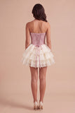 Pink Ruffled Corset Floral Sweetheart Short Cocktail Dress
