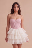 Pink Ruffled Corset Floral Sweetheart Short Cocktail Dress