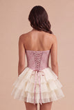 Pink Ruffled Corset Floral Sweetheart Short Cocktail Dress