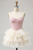 Pink Ruffled Corset Floral Sweetheart Short Cocktail Dress