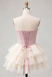 Pink Ruffled Corset Floral Sweetheart Short Cocktail Dress