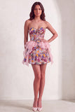 Pink Floral Sparkly Sequin Corset Ruffled Short Cocktail Dress