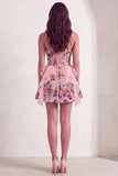 Pink Floral Sparkly Sequin Corset Ruffled Short Cocktail Dress