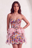 Pink Floral Sparkly Sequin Corset Ruffled Short Cocktail Dress