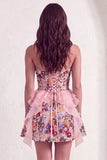 Pink Floral Sparkly Sequin Corset Ruffled Short Cocktail Dress
