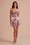 Pink Floral Sparkly Sequin Corset Ruffled Short Cocktail Dress