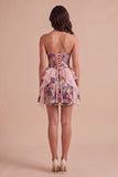 Pink Floral Sparkly Sequin Corset Ruffled Short Cocktail Dress