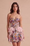 Pink Floral Sparkly Sequin Corset Ruffled Short Cocktail Dress