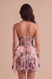 Pink Floral Sparkly Sequin Corset Ruffled Short Cocktail Dress