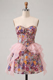 Pink Floral Sparkly Sequin Corset Ruffled Short Cocktail Dress