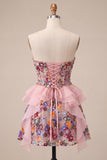 Pink Floral Sparkly Sequin Corset Ruffled Short Cocktail Dress