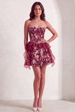 Pink Floral Sparkly Sequin Corset Ruffled Short Cocktail Dress
