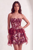 Pink Floral Sparkly Sequin Corset Ruffled Short Cocktail Dress