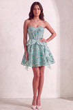Pink Floral Sparkly Sequin Corset Ruffled Short Cocktail Dress