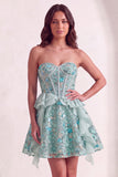 Pink Floral Sparkly Sequin Corset Ruffled Short Cocktail Dress