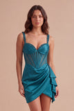Lake Blue Corset Beaded Ruffled Short Cocktail Dress