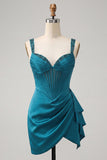 Lake Blue Corset Beaded Ruffled Short Cocktail Dress