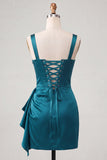 Lake Blue Corset Beaded Ruffled Short Cocktail Dress