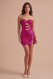 Sparkly Fuchsia Keyhole Sequin Short Cocktail Dress with Slit