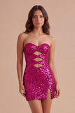 Sparkly Fuchsia Keyhole Sequin Short Cocktail Dress with Slit