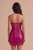 Sparkly Fuchsia Keyhole Sequin Short Cocktail Dress with Slit