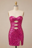 Sparkly Fuchsia Keyhole Sequin Short Cocktail Dress with Slit