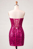 Sparkly Fuchsia Keyhole Sequin Short Cocktail Dress with Slit