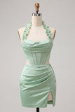 Mint Green Corset Beaded Short Cocktail Dress with Slit