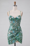 Sparkly Sage Green Sequin Bocycon Corset Short Cocktail Dress