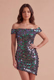 Steel Grey Sparkly Sequin Bodycon Asymmetrical Cocktail Dress