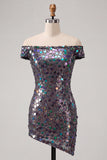 Steel Grey Sparkly Sequin Bodycon Asymmetrical Cocktail Dress
