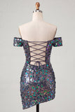 Steel Grey Sparkly Sequin Bodycon Asymmetrical Cocktail Dress