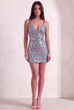 Sparkly Silver Sequin Spaghetti Straps Short Cocktail Dress