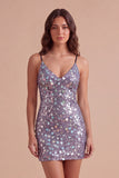 Sparkly Silver Sequin Spaghetti Straps Short Cocktail Dress