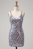 Sparkly Silver Sequin Spaghetti Straps Short Cocktail Dress
