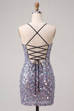 Sparkly Silver Sequin Spaghetti Straps Short Cocktail Dress
