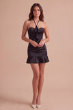 Black Corset Halter Beaded Ruffled Short Cocktail Dress